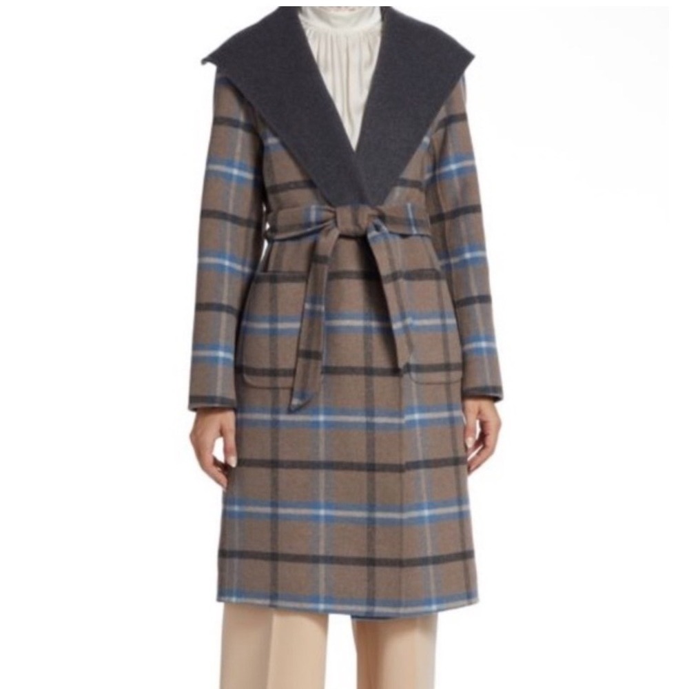 Elie Tahari Wallace Plaid Wool Blend Wrap Coat Cathedral Mirage Blue Size L NWT